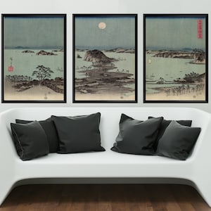 Vintage Japanese Triptych Art Print, 19th Century Moonlit Seascape by Ando Hiroshige, Antique Japan Wall Art, Nautical Decor, Ukiyo-e Poster