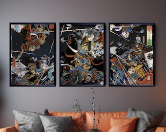 Tríptico de batalla samurái, láminas Ukiyo-e de Utagawa Kunitsuna, arte mural de guerreros japoneses, conjunto de pósteres vintage de Japón.