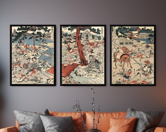 Samurai Wall Art Triptych, Katsukawa Shunchi Ukiyo-e Print Set, Japanese Warrior Battle, Vintage Woodblock Decor