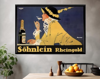 Póster publicitario vintage de Söhnlein Rheingold, impresión de bebida de estilo Art Nouveau alemán, arte mural clásico europeo.