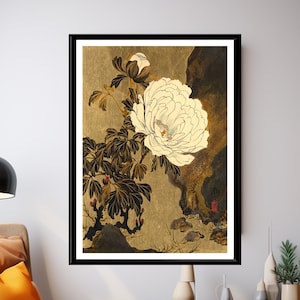Vintage White Peony Japanese Art Print, Shibata Zeshin Flower Painting Reproduction, Antique Floral Wall Poster, Japanese Fine Art Gift Idea