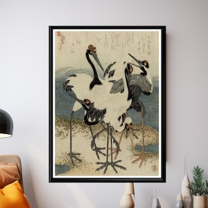 Japanese Crane Art Print, Vintage Ukiyo-e Bird Poster, Kubota Shunman Nature Wall Decor, Antique Japanese Woodblock Print Reproduction