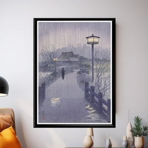 Evening Rain at Shinobazu Pond Poster, Kasamatsu Shiro Vintage Japanese Print, Antique Landscape Art, Gift for Japanese Art Lovers