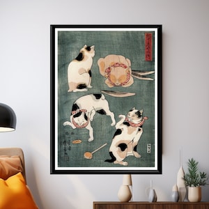 Four Cats Japanese Woodblock Print by Utagawa Kuniyoshi, Antique Cat Art, Vintage Japanese Print, Proverbs Illustration, Wall Decor Gift