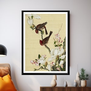 Poster "Uccelli su un albero di magnolia", stampa d'arte cinese antica di Giuseppe Castiglione, riproduzione di un'opera d'arte floreale da parete, regalo d'epoca per la casa