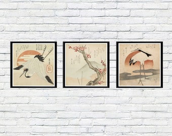 Japanische Kraniche aufgehende Sonne quadratische Poster Vintage Holzschnitt Drucke Set von 3 Home Wand Dekor