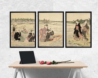 Antikes japanisches Triptychon Vintage japanisches Kunstset mit 3 Postern