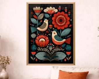 Arte mural escandinavo con pájaros, flores, folclore, botánico, imprimible, nórdico, decorativo, para el hogar