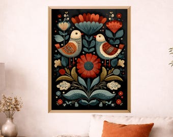 Impresión floral de aves folclóricas escandinavas – Descarga digital de arte mural – Póster de aves botánicas – Archivo digital de decoración instantánea