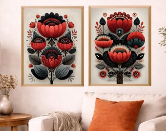 Juego de 2 impresiones florales botánicas rojas escandinavas, arte de pared nórdico para sala de estar, dormitorio, decoración moderna del hogar
