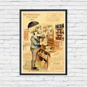 Antikamnia Kalender 1901 Poster - Retro Apotheke Werbung, Skelett Apotheker Kunst, antikes medizinisches Dekor, Apotheker Wandkunst