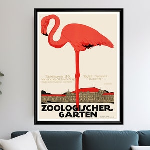 Vintage Flamingo Zoo Poster, Berlin Zoological Garden Advertisement, Art Nouveau Animal Print, Retro German Travel Art, Antique Wall Decor