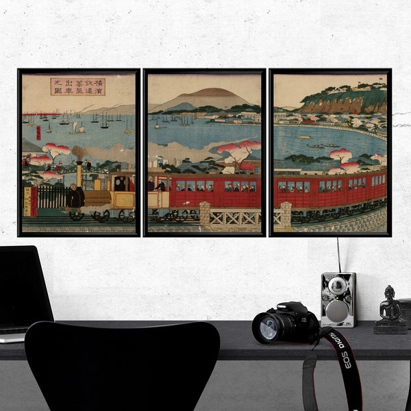 Ensemble de 3 affiches d'art japonais vintage triptyque chemin de fer, train