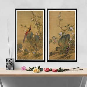 Set di stampe artistiche di uccelli e fiori cinesi, poster verticali stretti, riproduzione della dinastia Qing, decorazione da parete asiatica vintage, illustrazione della natura