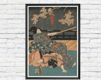 Japanese Warriors Training Poster Samurai Battle Scene Print Gift Idea For Him