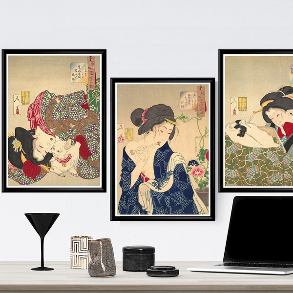 Femmes japonaises avec des affiches de chaton Ensemble de 3 estampes d’art japonaises vintage