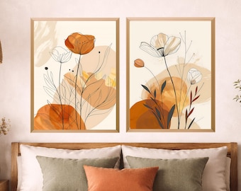 Juego de 2 impresiones minimalistas de hojas botánicas, arte lineal en blanco y negro, arte mural imprimible, descarga digital