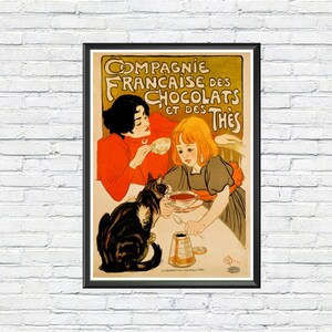 Póster vintage de chocolate y té francés de Théophile Steinlen, impresión Art Nouveau de los años 20, linda publicidad retro de comida y bebida, impresión de cocina