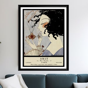 Manifesto di profumo d'epoca, stampa Art Deco della Gazette du Bon Ton del 1921, decorazione di bellezza retrò, elegante arte pubblicitaria francese, decorazione di camerini