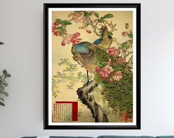 Peacocks And Apple Tree Poster Vintage Japanese Birds And Flowers Art Print