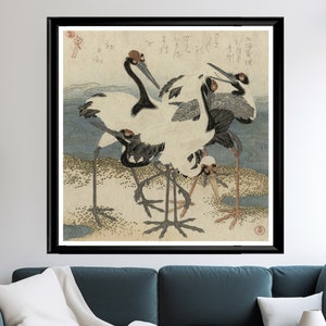 Vintage Japanese Cranes Print, Kubota Shunman Surimono Art, 1816 Ukiyo-e Woodblock, Elegant Square Bird Poster, Traditional Asian Wall Decor