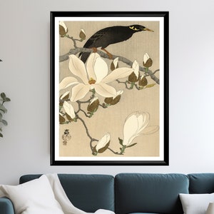 Ohara Koson Beo Bird and Magnolia Poster Vintage Japanese Woodblock Print Kacho-e Wall Art Asian Bird and Flower Home Decor