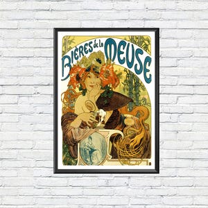 Manifesto vintage di Alphonse Mucha "Bieres de la Meuse" – Stampa di birra francese in stile Art Nouveau – Decorazione da parete retrò per cucina o bar, opera d'arte del XIX secolo