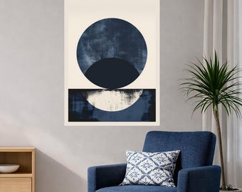 Impresión abstracta minimalista azul, arte mural geométrico escandinavo para interiores neutros y modernos.