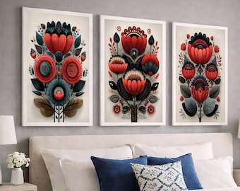 Conjunto imprimible de tres impresiones florales de arte mural botánico rojo escandinavo, decoración folklórica nórdica