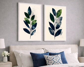 Juego de 2 impresiones de hojas botánicas para pared, impresiones minimalistas en azul y verde, decoración botánica escandinava, descarga digital imprimible.