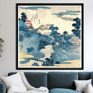Poster quadrato con paesaggio giapponese – Stampa xilografica di Utagawa Kuniyoshi, arte blu vintage, vista sul monte Fuji, decorazione murale tradizionale Ukiyo-e