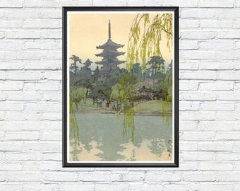 Pagoda In The Park Wall Poster Vintage Weeping Willow By The Pond Japanese Art Print