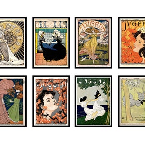 Set of 8 Vintage Jugend Magazine Covers Reproductions, Art Nouveau Posters, Colorful Prints, Decorative Wall Art, Gift for Art Lovers