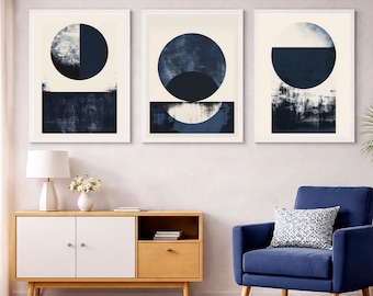 Juego de 3 cuadros abstractos azules con estampados geométricos relajantes para interiores escandinavos y japoneses.