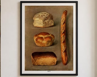 Vintage Bread Poster, French Bakery Print, Baguette Kitchen Wall Art, Rustic Farmhouse Decor