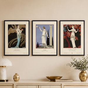 George Barbier print set featuring three elegant Gazette du Bon Ton Art Deco fashion illustrations in a vintage French style.