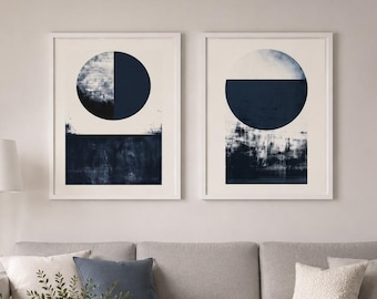 Scandinavian Modern Posters, Set of 2 Minimalist Abstract Wall Art Set, Navy Blue Geometric Prints