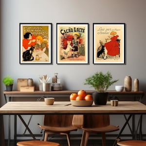 Set di 3 stampe vintage, poster di cibo e bevande francesi di Théophile Steinlen - Graziosa decorazione murale pubblicitaria retrò, classico arredamento per bar o cucina