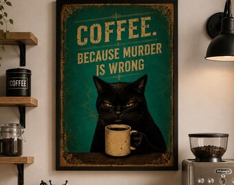 Dark Humor Poster, Coffee Because Murder Is Wrong Sarcastic Black Cat Print, Funny Wall Art