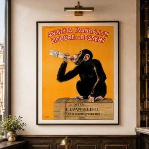 Vintage Werbeplakat Affe Likör Anzeige, Italienische Bar Wandkunst, Retro Werbung für Alkohol, Pub Dekor Druck
