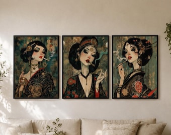 Art Deco Smoking Women Poster Set of 3 Vintage Japanese Wall Art Gothic Print Collection