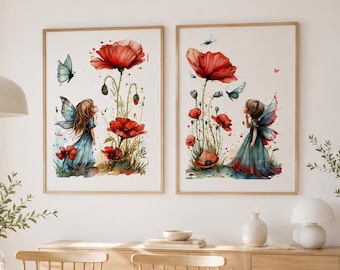 Flower Fairy Print Set of 2, Red Poppy Wall Art, Whimsical Botanical Girls Room Decor