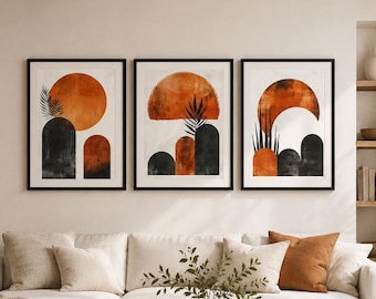 Abstract Geometric Wall Art Set of 3, Burnt Orange Mid Century Modern Prints, Minimalist Decor
