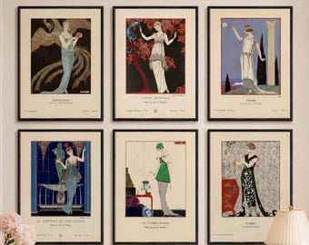 Set di 6 stampe Art Déco di George Barbier, ispirate alla moda degli anni '20, illustrazioni francesi vintage, poster eleganti per boutique o camere da letto.