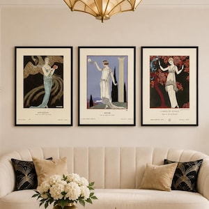 George Barbier print set featuring three elegant Gazette du Bon Ton Art Deco fashion illustrations in a vintage French style.