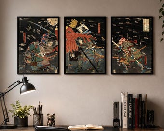 歌川国芳作「宮本武蔵 巨大鯨退治」の版画3枚セット｜アジアン