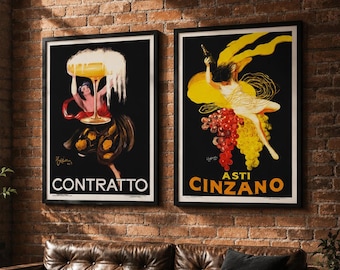 Cinzano and Contratto Vintage Poster Set, Italian Liquor Advertising Prints by Leonetto Cappiello, 1920s Bar Wall Art