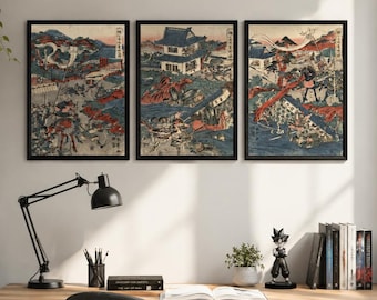 Samurai Wall Art Triptych, Japanese Ukiyo-e Print Set, Katsukawa Shunchi Castle Battle Posters, Edo Period Warrior Decor