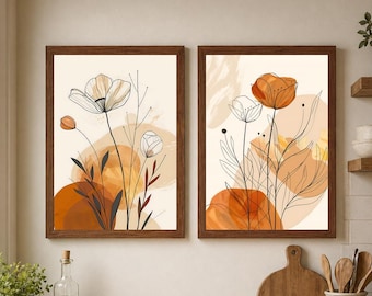 Minimalist Botanical Prints Set of 2, Orange Floral Line Art, Modern Flower Wall Decor