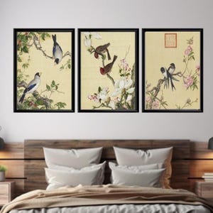 Chinesischer botanischer Vogel-Kunstdruck-Set 3er-Set Vintage Natur Wandkunst Asiatische Blume und Vogel Poster Antike chinesische Gemälde Schlafzimmer Dekor